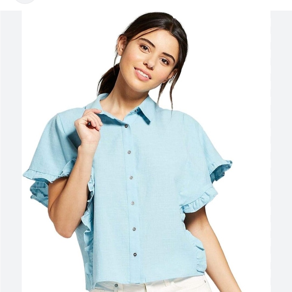Universal Thread Light Blue Button Down Ruffle Sl… - image 1